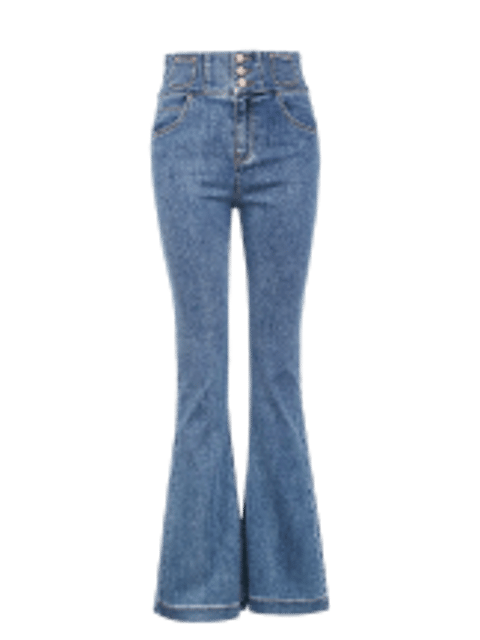 Un par de jeans acampanados azules, plantilla para el intercambio de ropa de IA.