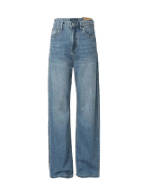 Un par de jeans azules de pierna recta, modelo para el intercambio de ropa de IA.