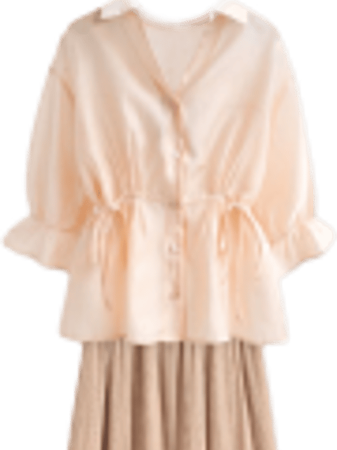 Un vestido beige de manga larga, plantilla para el intercambio de ropa de IA.