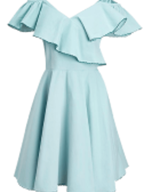 Un vestido azul de manga corta, plantilla para el intercambio de ropa de IA.