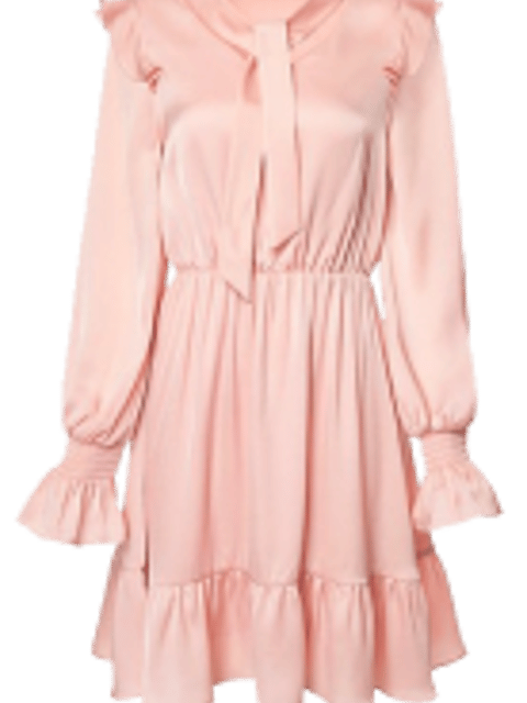 Un vestido rosa de manga larga con diseño de volantes, plantilla para el intercambio de ropa de IA.