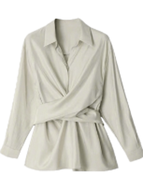 Una blusa blanca de manga larga con cintura anudada, plantilla para el intercambio de ropa de IA.