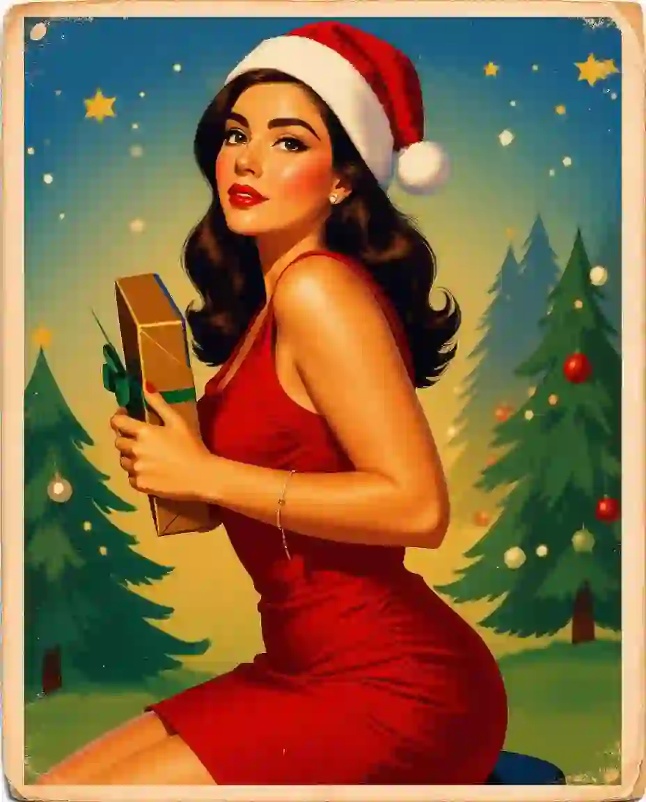 Шаблон рождественской открытки в стиле 1950-х годов, на котором изображена женщина в обтягивающем красном платье без рукавов и шляпе Санты, позирующая на стуле и держащая подарочную коробку в золотой упаковке, изображающая звездную ночь и лес со множеством рождественских елок на заднем плане.