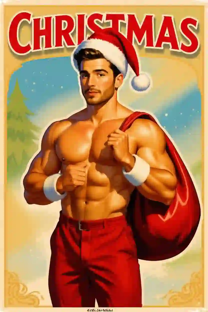Шаблон рождественской открытки в стиле 1950-х годов с изображением мускулистого мужчины без рубашки, в шапке Санты, красных штанах и с красной сумкой, набитой подарками.
