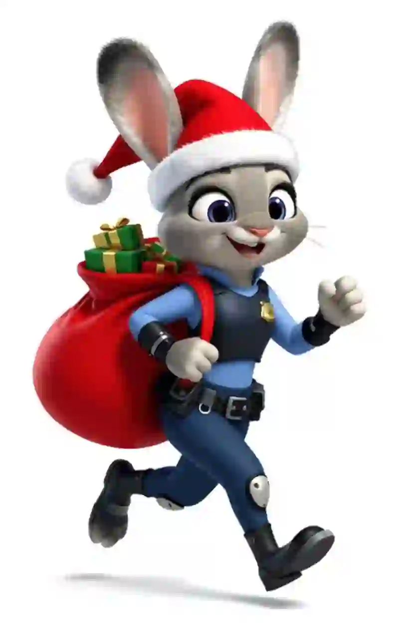 Шаблон рождественской открытки в стиле аниме с изображением серого кролика в офисной форме и шляпе Санты, несущего красную сумку с подарками и весело бегущего.