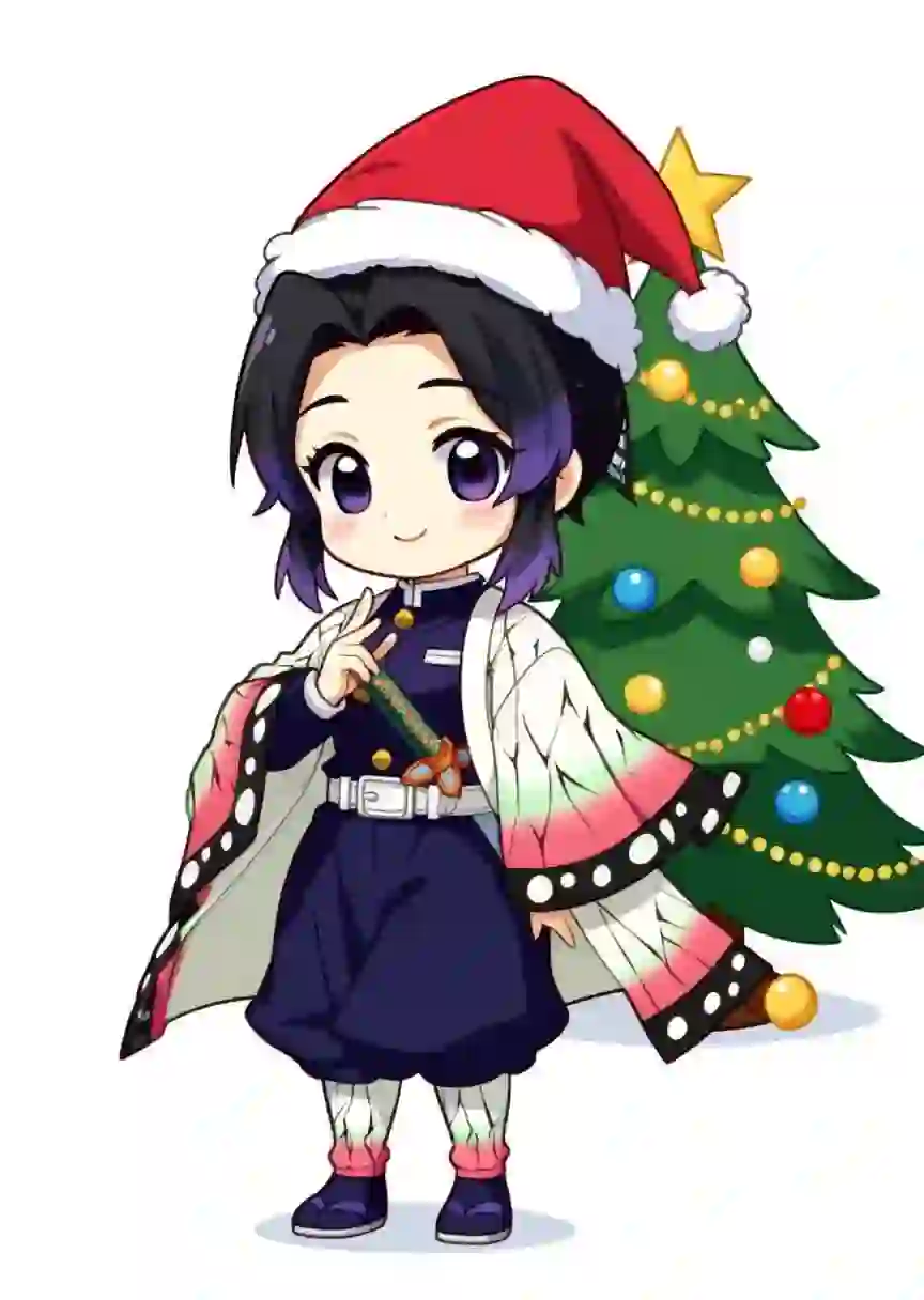 Шаблон рождественской открытки в стиле чиби-аниме с изображением аниме-персонажа в красной шляпе, стоящего рядом с рождественской елкой.