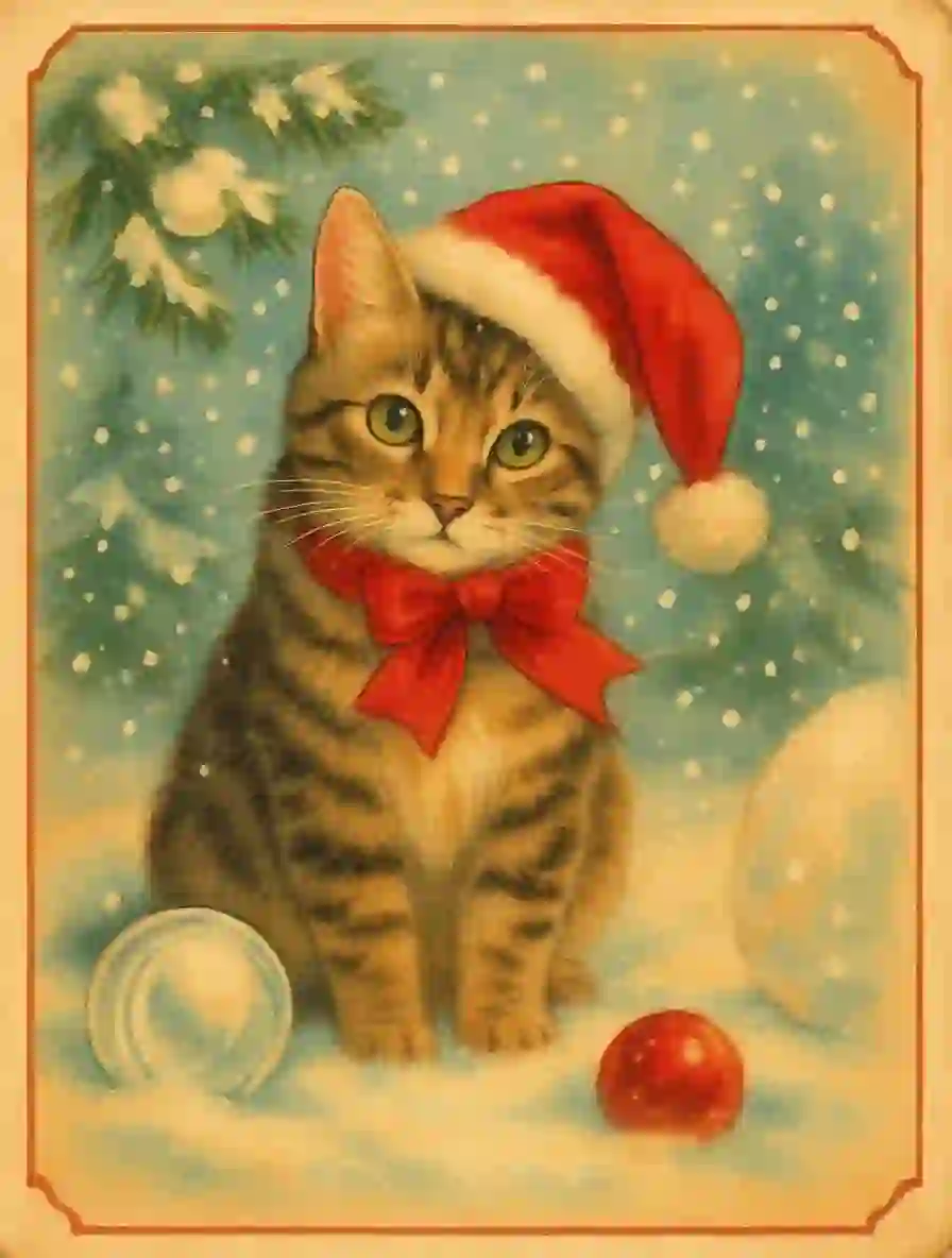 Винтажный шаблон рождественской открытки с изображением котенка, сидящего на снегу, в красном галстуке-бабочке и шапке Санты, а рядом с ним - красные и белые снежные шары.
