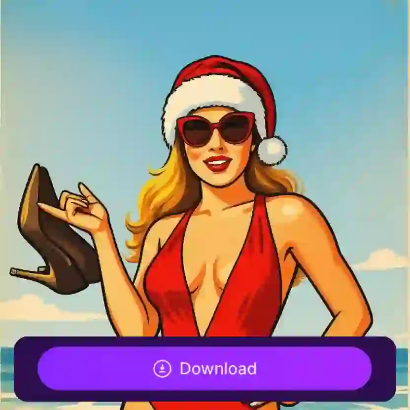 Созданное искусственным интеллектом произведение искусства в стиле коммерческого искусства середины 20-го века, основанное на фотографии женщины в красном купальнике, позирующей в кабриолете. На изображении появится наклейка с кнопкой «Загрузить», указывающая, что оно используется в качестве образца материала для учебного пособия по генератору рождественских открыток с использованием искусственного интеллекта.