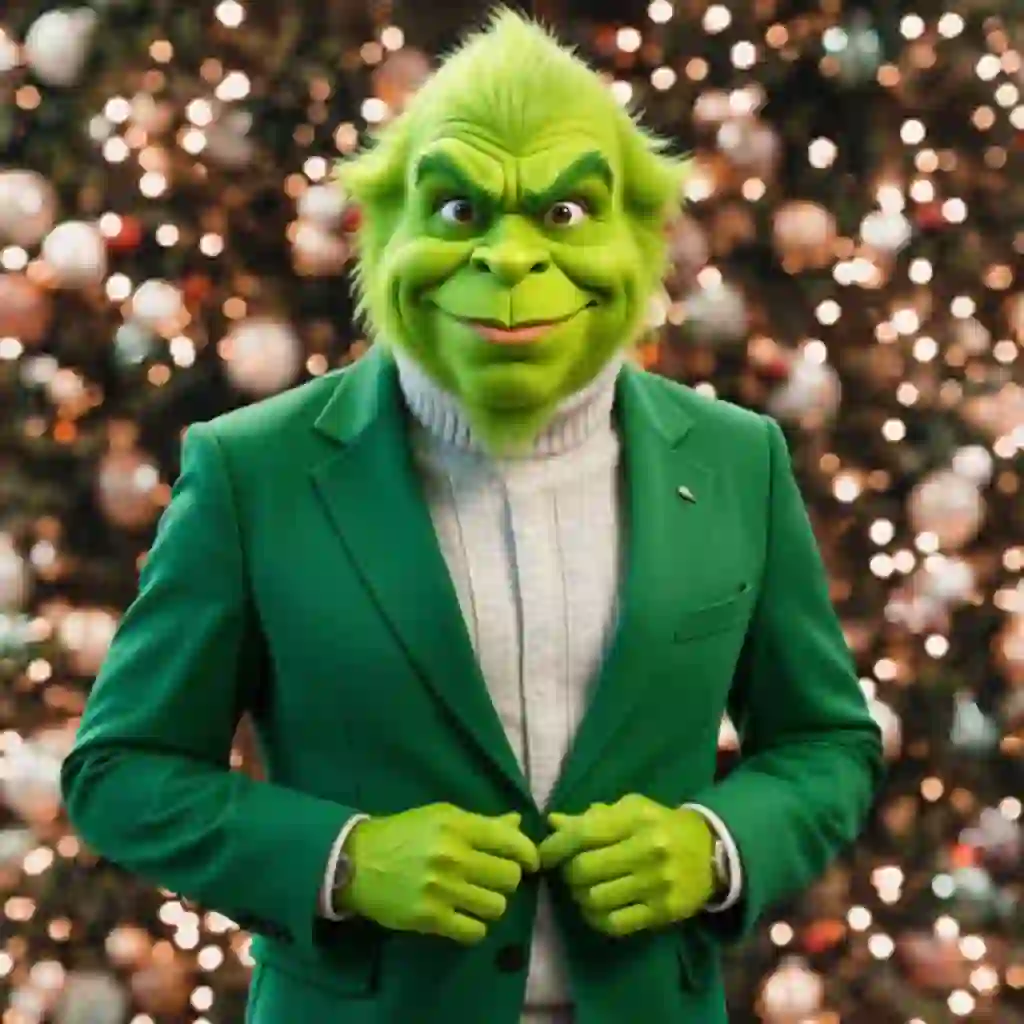 Шаблон рождественской открытки Гринча, на котором Гринч одет в серый свитер с высоким воротником и зеленый костюм, руки на пуговицах костюма. На заднем плане много рождественских елок с яркими украшениями.