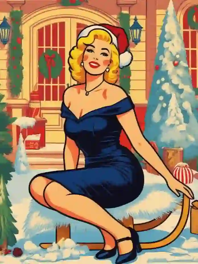Винтажный шаблон рождественской открытки в стиле коммерческого искусства середины 20-х годов, на котором изображена женщина с короткими светлыми кудрями, одетая в черное платье с открытыми плечами, черные туфли на высоких каблуках и шляпу Санты, сидящая на санях и демонстрирующая веселый рождественский декор на заднем плане.