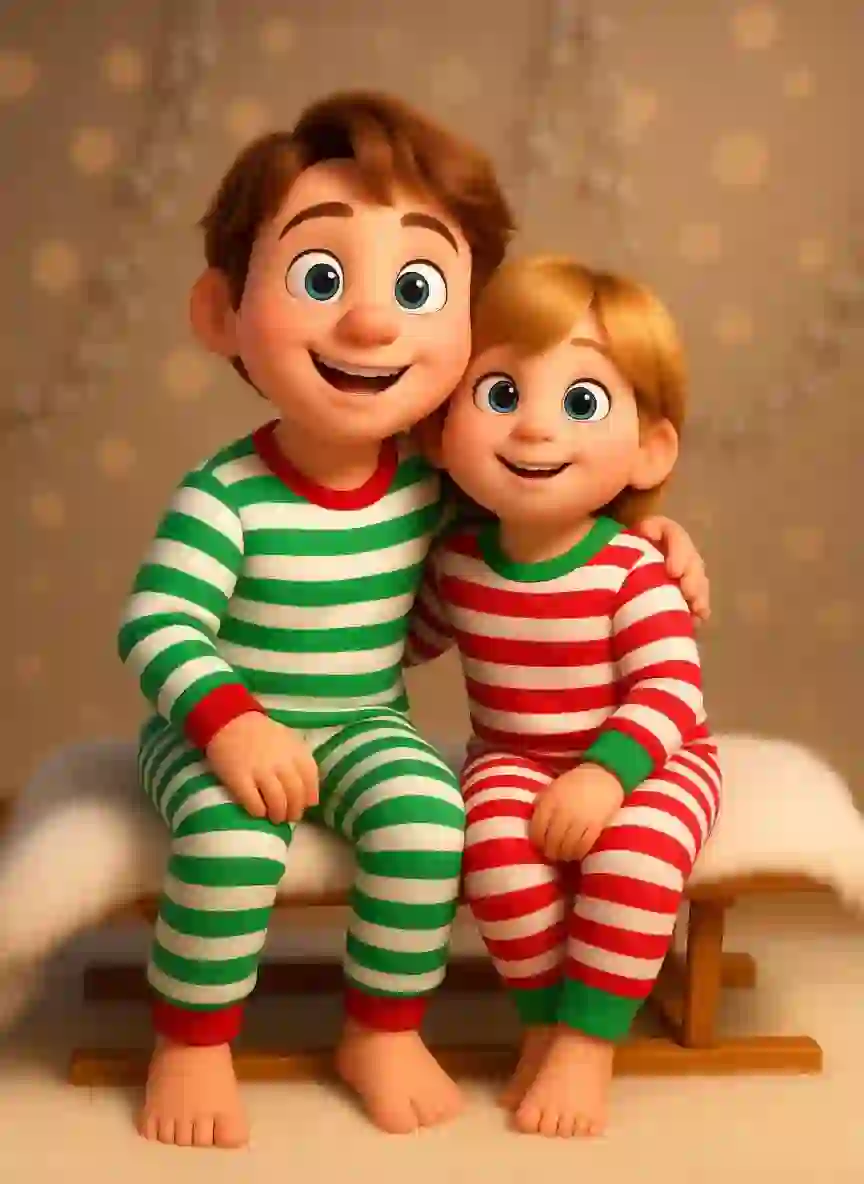 Шаблон рождественской открытки в стиле Pixar, на котором пара братьев сидит на скамейке, украшенной белым мехом, старший одет в пижаму в зелено-белую полоску, младший - в красно-белую пижаму.