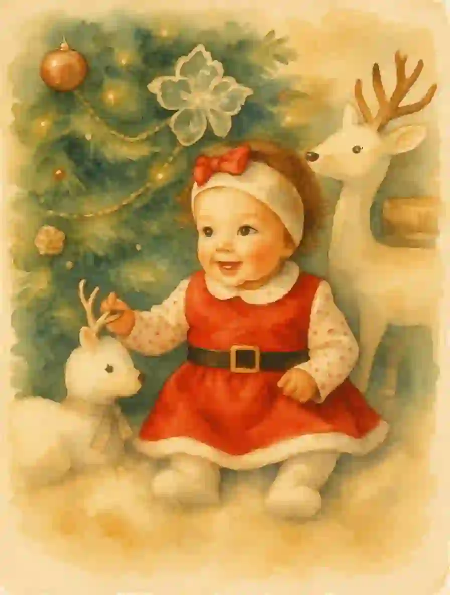 Шаблон рождественской открытки в стиле ретро с акварелью, изображающий девочку в красном платье Санты с белым бантом, сидящую рядом с богато украшенной рождественской елкой и двумя белыми куклами-оленями. Праздничный, милый и идеально подходящий для создания рождественских открыток с помощью искусственного интеллекта.
