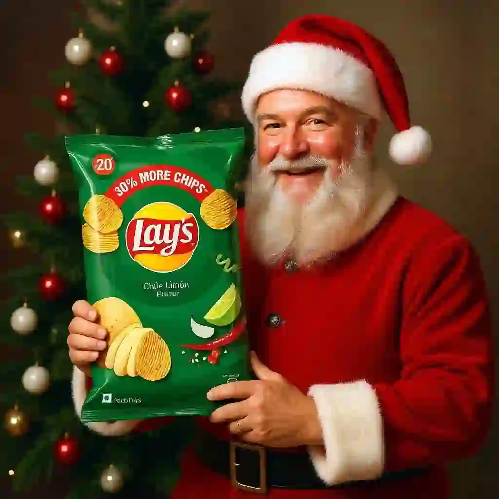 Шаблон рождественской открытки в коммерческом стиле, на котором Санта-Клаус держит зеленую упаковку картофельных чипсов Lay's рядом с рождественской елкой и тепло улыбается зрителям.