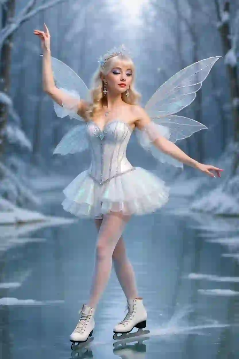 Шаблон рождественской открытки Ethreal с изображением женщины в зимнем костюме эльфа, катающейся на роликах по ледяному озеру.