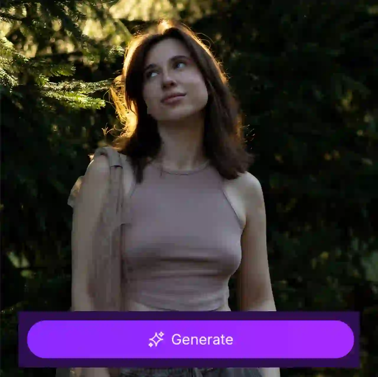 Фотография женщины в розовой майке и серых брюках, стоящей в темном лесу, и солнечный свет мягко освещает ее волосы. На изображении появляется наклейка с кнопкой «Создать», указывающая, что оно используется в качестве образца материала для генератора рождественских видео с использованием искусственного интеллекта.