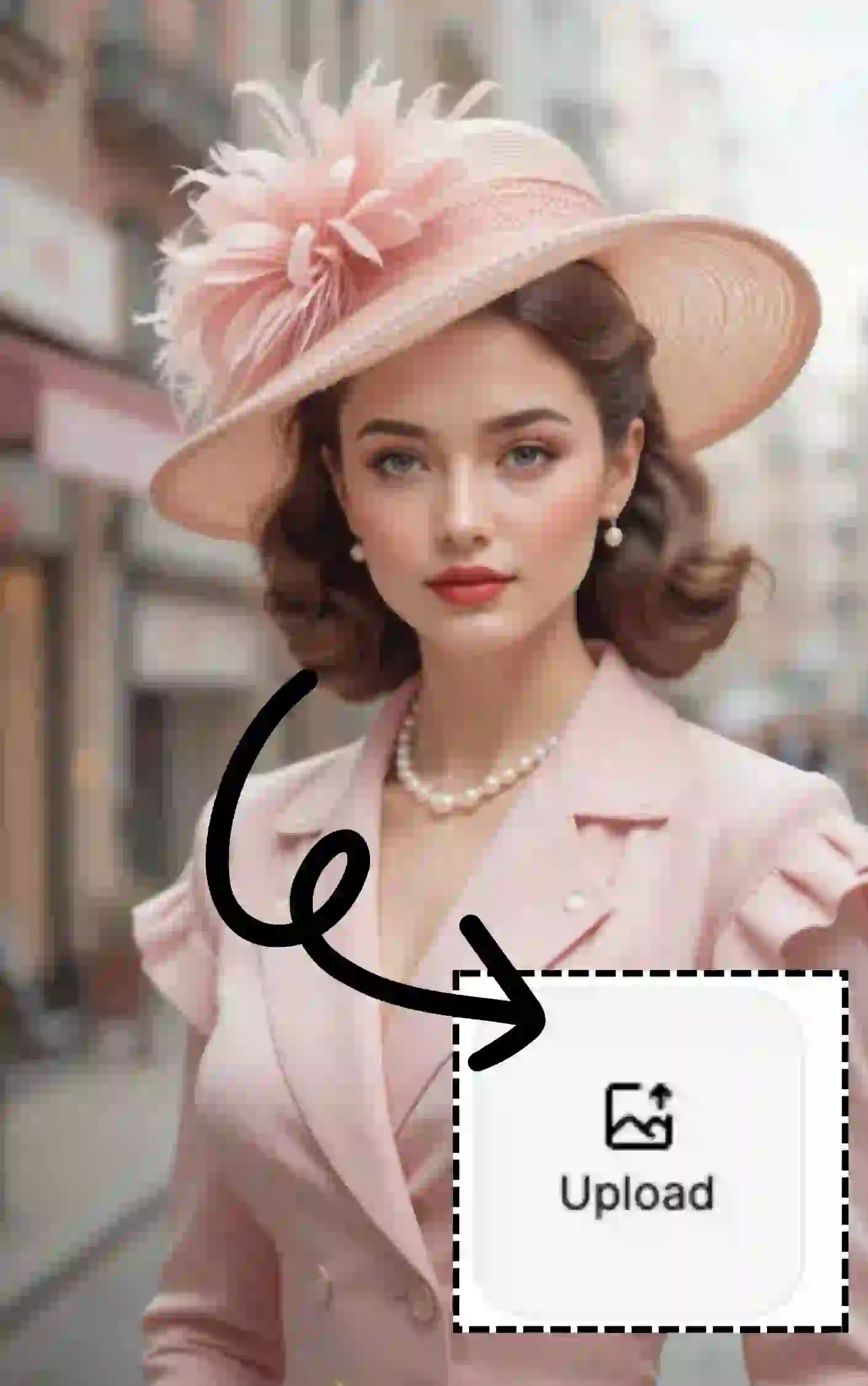 Il s'agit de la progression de l'âge de l'IA Étape 1. Vous pouvez télécharger une photo d'une personne que vous aimez ou d'un portrait de vous-même. Ceci est une photo d'une fille portant une tenue rose, un chapeau et avec un maquillage exquis.