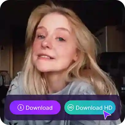 Ảnh tự sướng của một cô gái tóc vàng với nhãn dán hiển thị nút 'tải xuống' và nút 'tải xuống HD', được sử dụng làm tài liệu trong hướng dẫn thay đổi tuổi tác khuôn mặt.