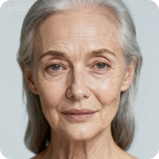 Cận cảnh một bà lão tóc bạc, được dùng làm mẫu để thay đổi tuổi khuôn mặt.