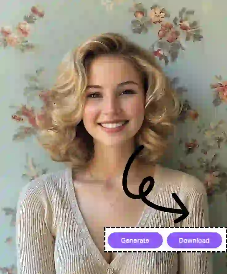 This is step 3 of ai change facial expression tutorial. Once the processing is complete, the golden-bobbed woman's expression has changed from serious to a sweet smile. Click to download the photo with the updated expression.