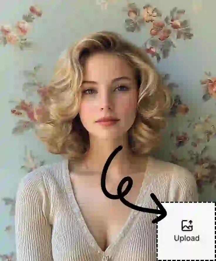 This is step 1 of ai facial expression changer tutorial. You can upload a photo where you want to change the facial expression. This is a photo of a golden-bobbed woman with a serious expression and heavy makeup.