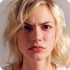 Chica con expresión de enfado, utilizada como plantilla para el intercambio de expresiones faciales.