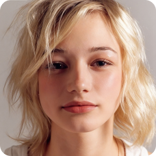 Chica con expresión serena, utilizada como plantilla para el intercambio de expresiones faciales.