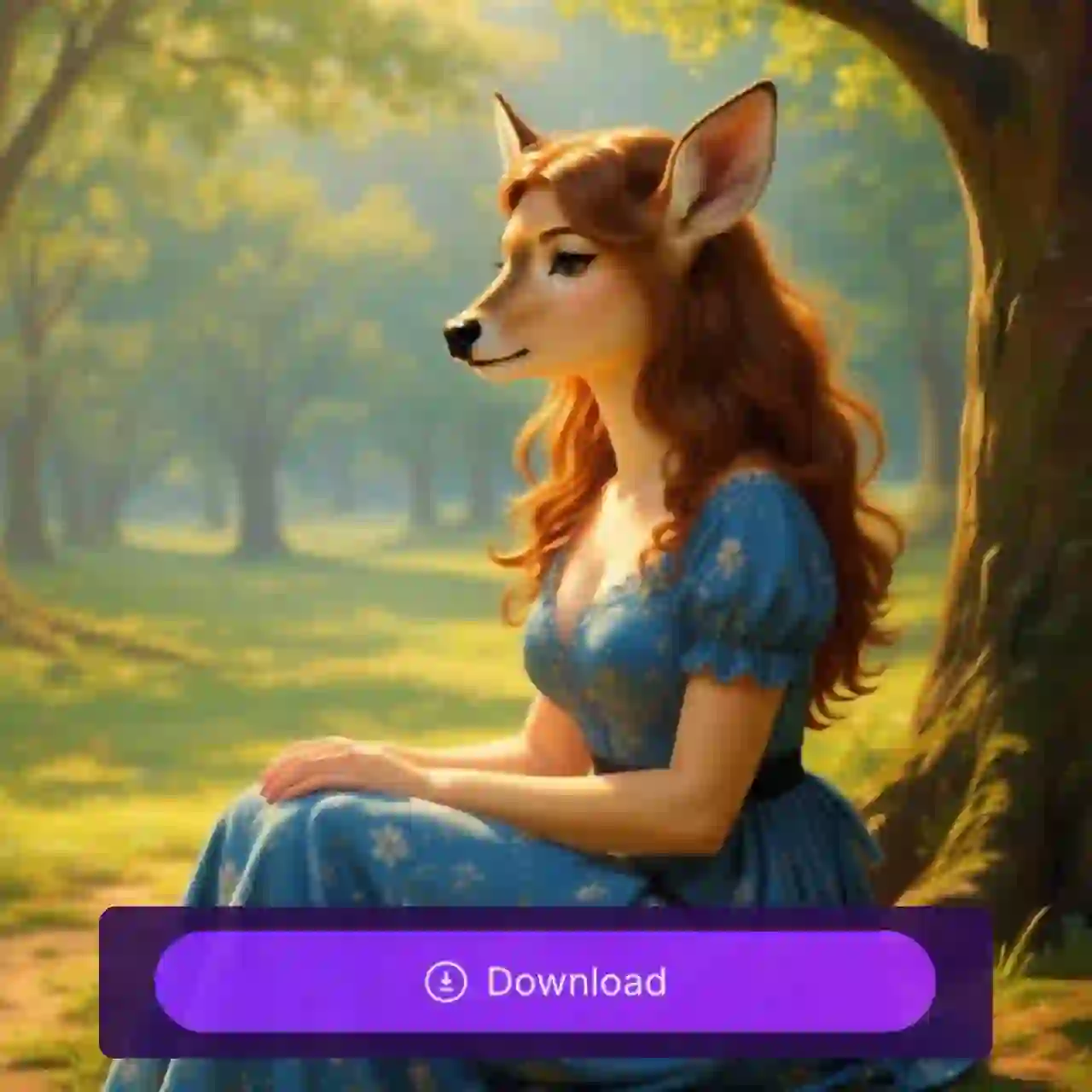 A fursona artwork of a deer with long wavy chestnut hair sitting in the forest, with a sticker showing the 