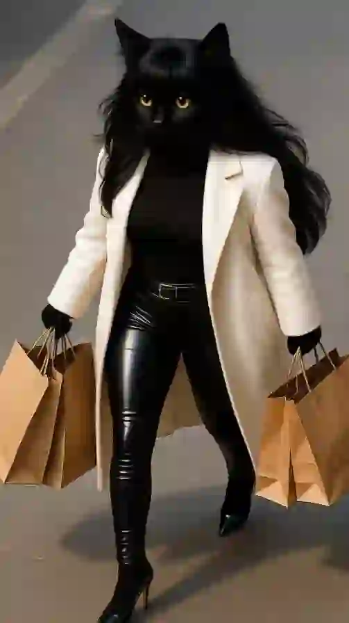 A fursona artwork of a bird’s-eye view of a black cat with long wavy hair walking down the street. She’s wearing a black tank top, black leather pants, a long white coat, and black high heels, carrying several shopping bags in both hands. Template for the AI Furry Art Generator.