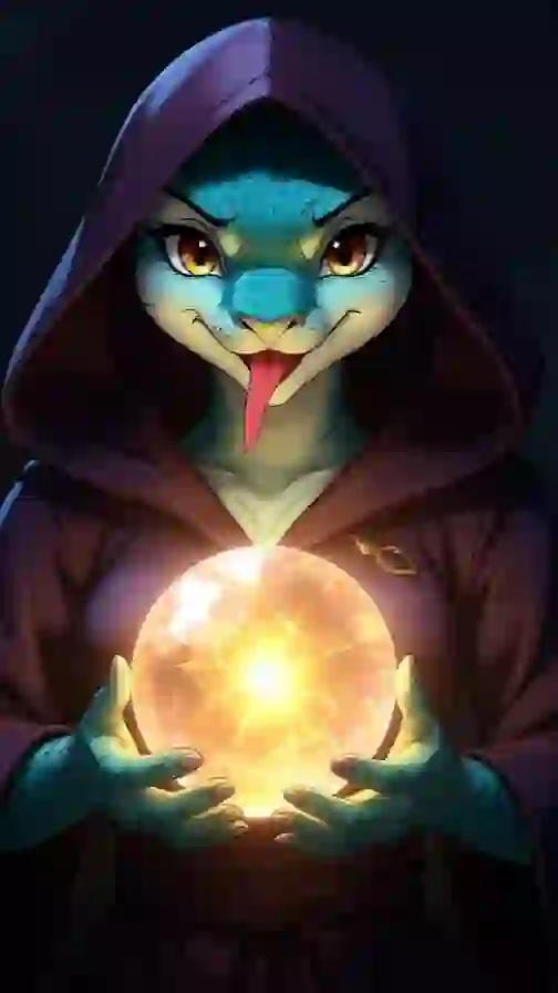 A fursona artwork of a blue snake in purple robe is whispering prophecy, with a glowing crystal globe in her hands. Template for AI furry art generator.