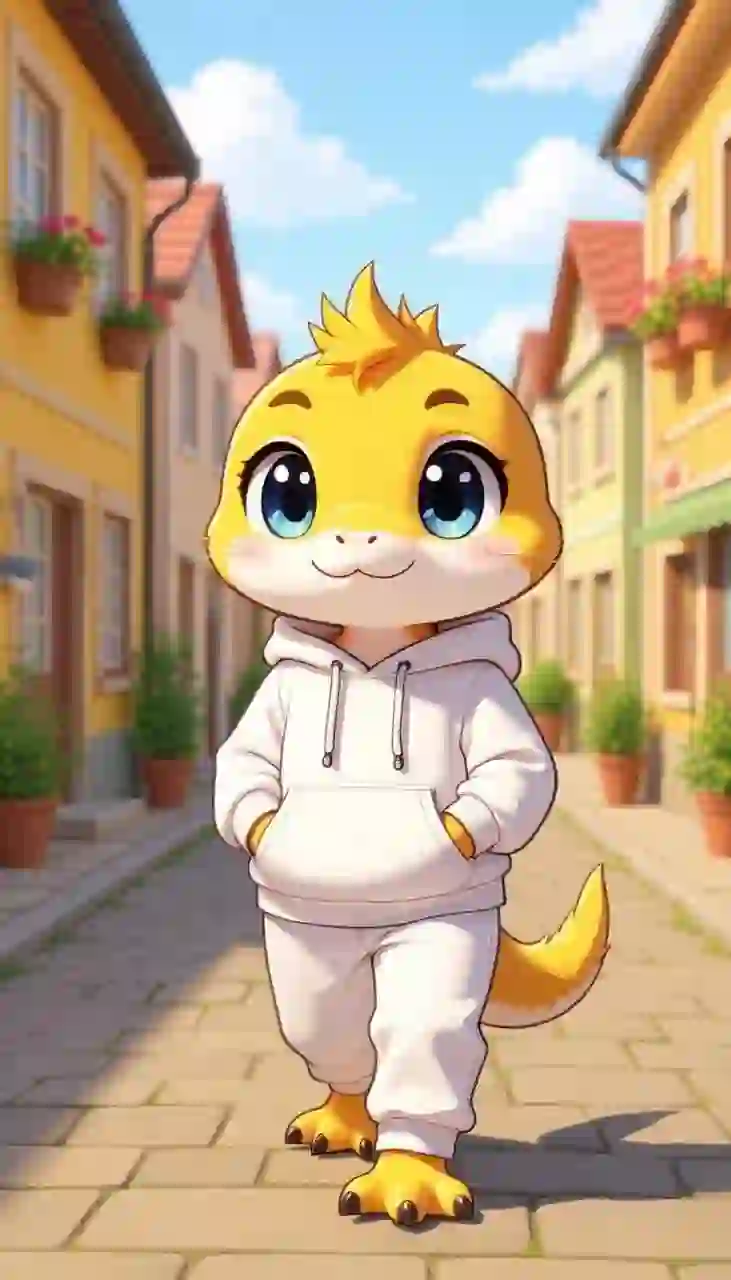 A fursona artwork of an orange gecko in white jumpsuit is walking in a peaceful town. Template for AI furry art generator.