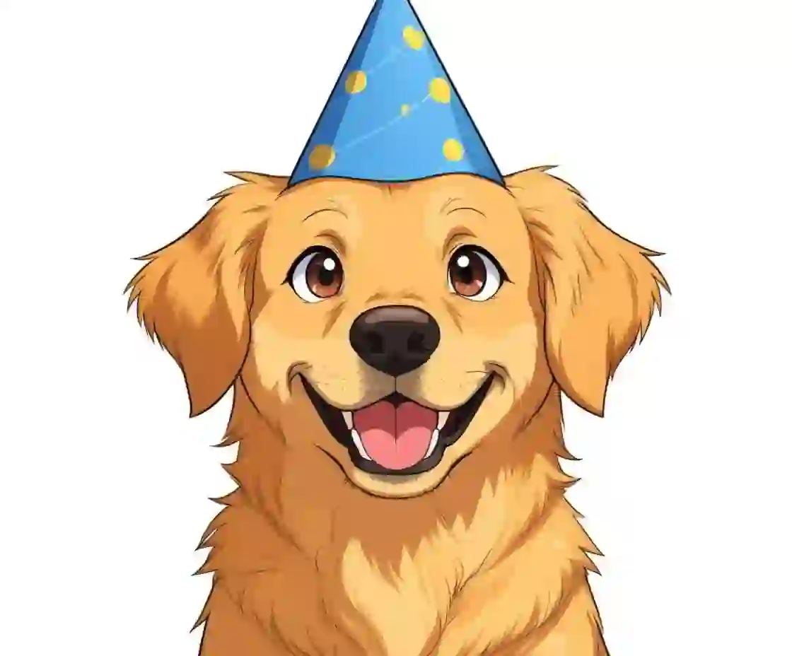 A fursona artwork of a golden retriever with a blue party hat.