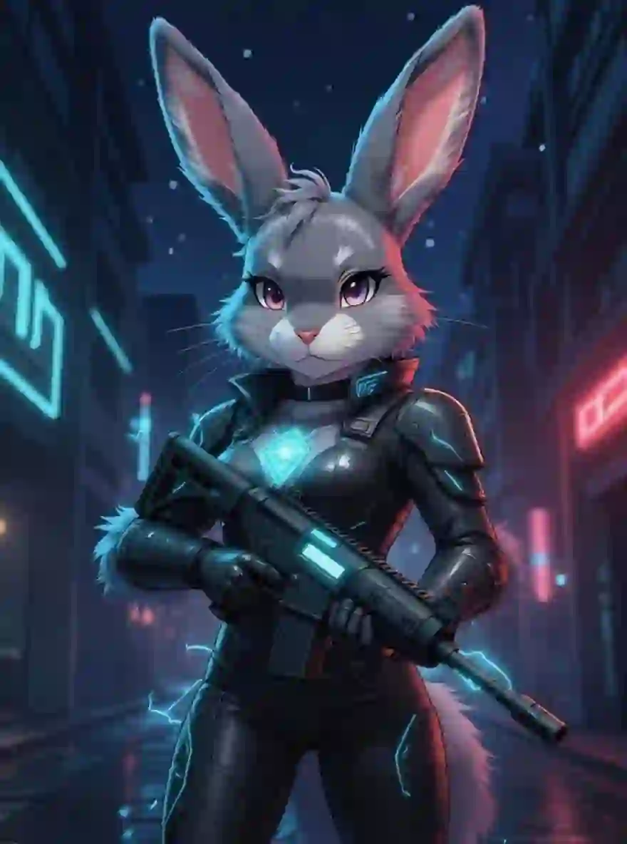 A fursona artwork of a grey rabbit in sleek cyberpunk combat suit, holding a digitally enhanced avtomat rifle. Template for AI furry art generator.