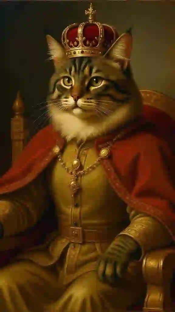 A fursona artwork of a half-body portrait of a main cat sitting on a golden throne, wearing golden royal clothes, a red poncho, and a golden crown. Template for the AI Furry Art Generator.