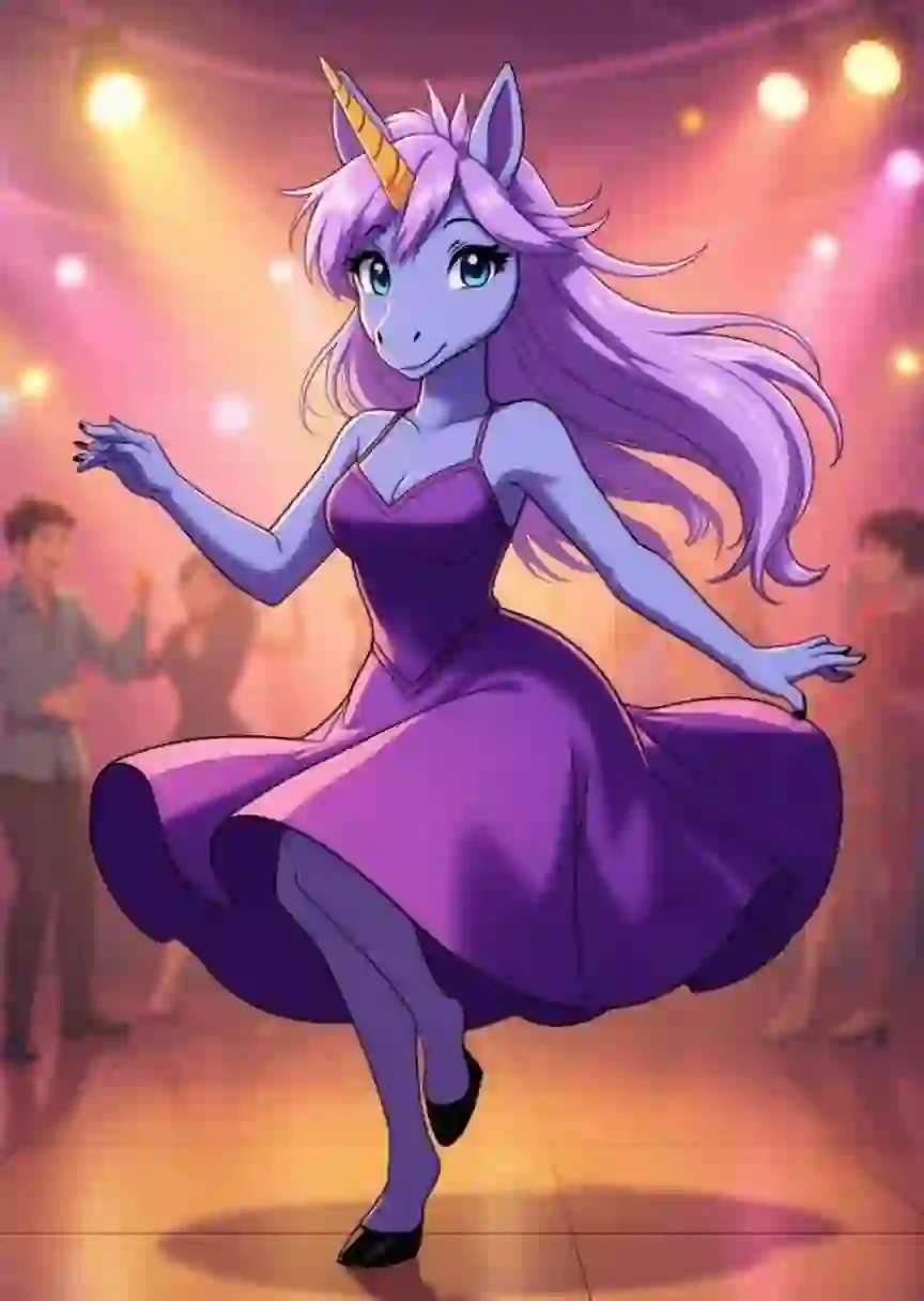 A fursona artwork of a unicorn with flowing purple hair dancing joyfully at a party. She’s wearing a gradient purple dress and high heels. Template example for the AI Furry Art Generator.