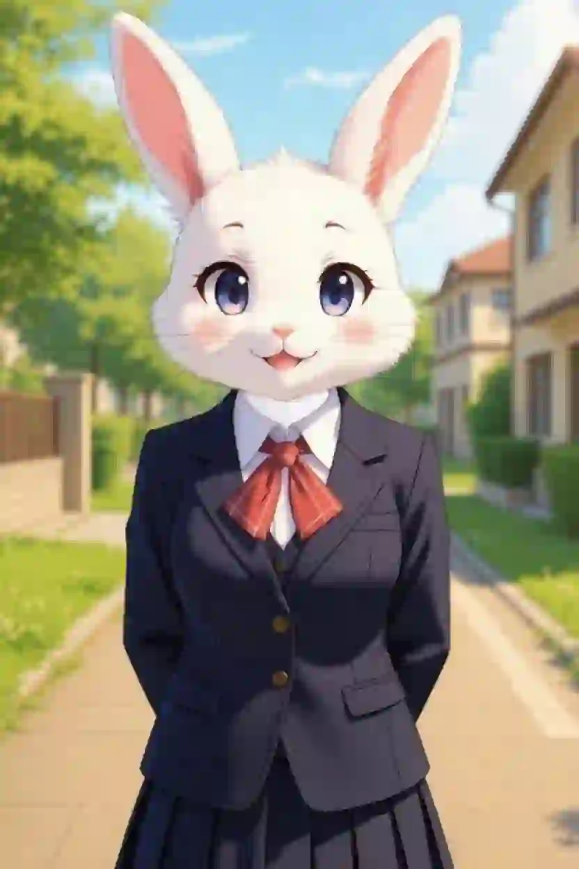 A fursona artwork of a white rabbit in a black Japanese uniform smiles shyly at the camera. Template for AI furry art generator.