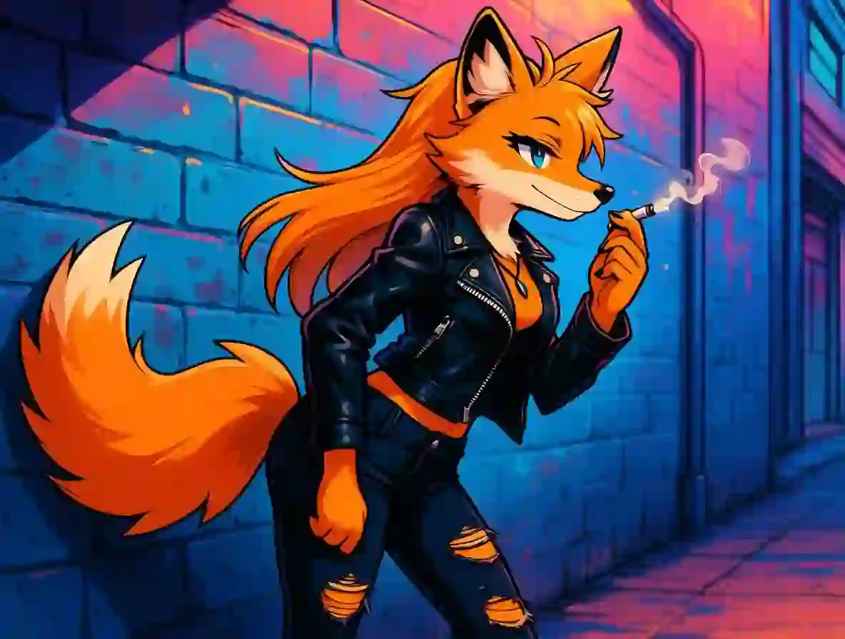 A fursona artwork of side view of a fox in black leather jacket, black tank top and black ripped jeans, is holding a cigaratte.