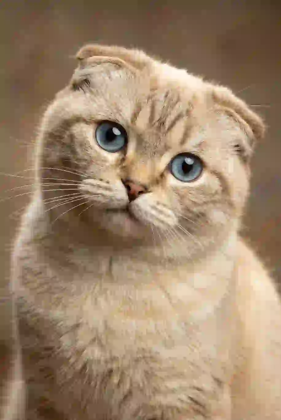 Portrait of a Scottish fold cat with blue eyes. Template for AI furry art generator.