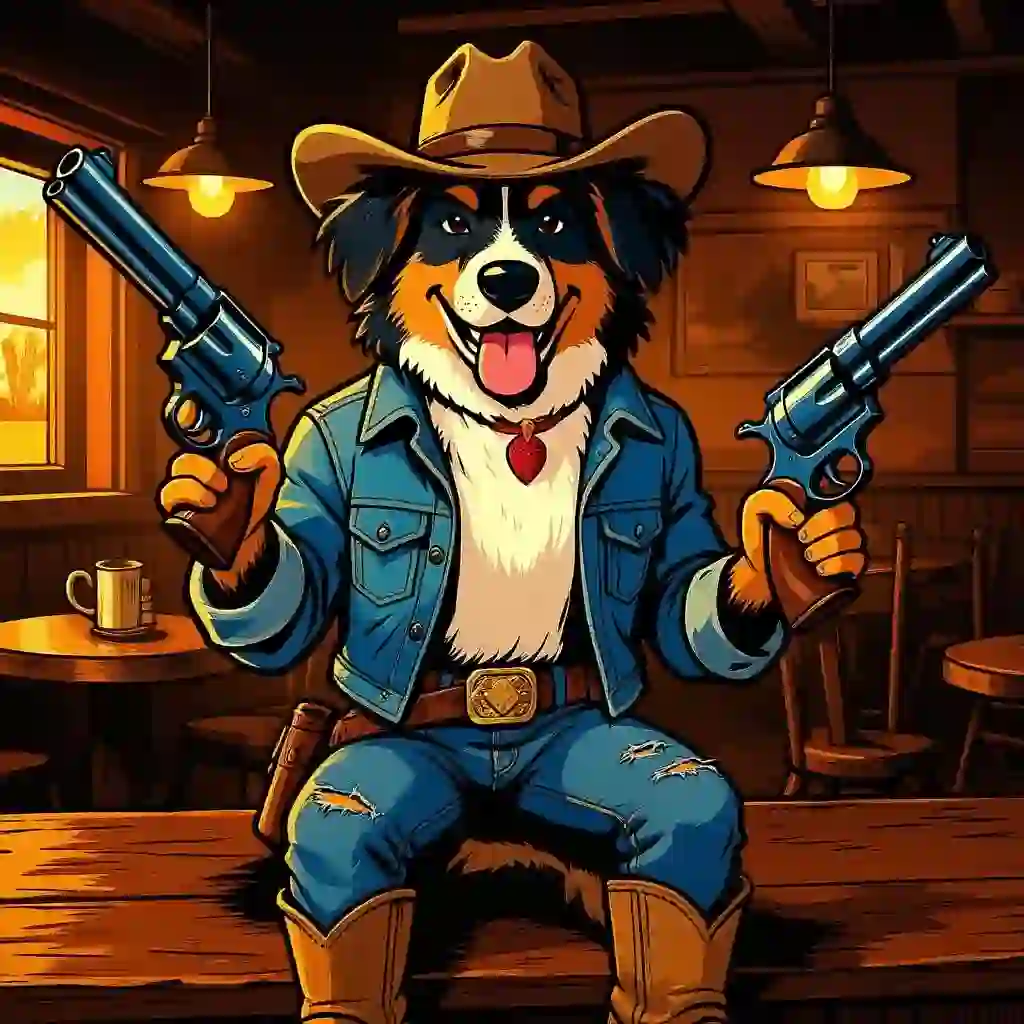 A fursona artwork of a shepherd is wearing an open denim jacket, ragged denim pants, and khaki cowboy boots, with a cowboy hat on his head. He's holding a double-barreled shotgun and a Colt. Template for AI furry art generator.