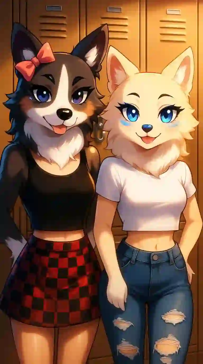 A fursona artwork of two youth dogs standing against the locker, one wearing a black tank top and a checkered skirt, the other wearing a white short tee and ripped jeans. Template for AI furry art generator.