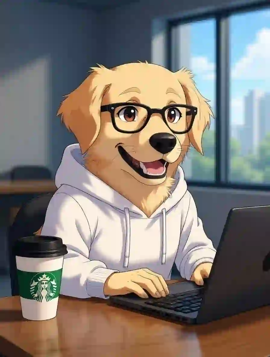 A fursona artwork of a golden retriever with a pair of black-framed glasses is typing on a black laptop in the office. With a Starbucks cup on the table. Template for AI furry art generator.