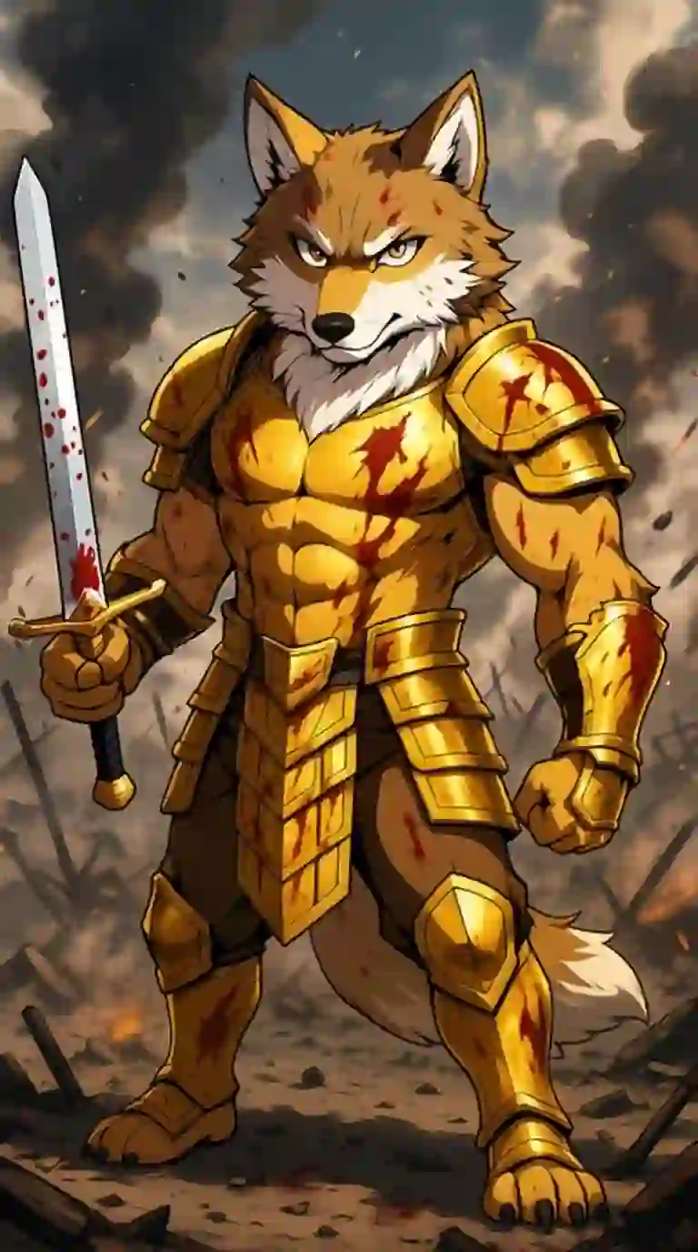 A fursona artwork of a full-body portrait of a wolf in golden armor standing on a battlefield, holding a sword in one paw. Template for the AI Furry Art Generator.