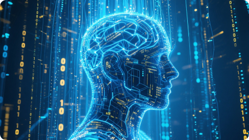 Digitaalinen renderöinti ihmisen pään profiilista, jossa on aivojen kaltainen rakenne, joka koostuu sinisistä viivoista ja solmuista ja edustaa tekoälyä ja kasvojentunnistusteknologiaa.