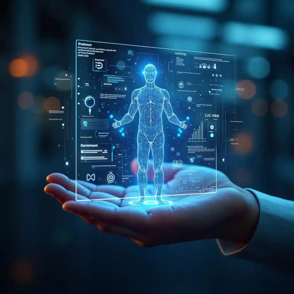 Interface holographique éclairée démontrant un programme d'amélioration de l'IA, incarnant le processus d'amélioration en ligne d'échange de tête d'IA.