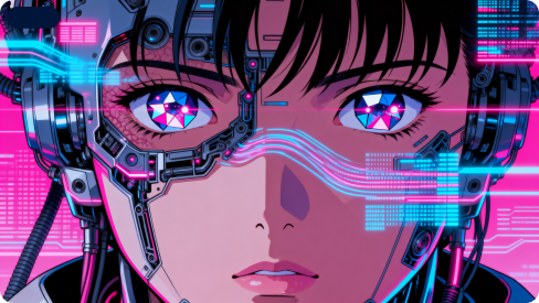 Cyberpunk-tyylinen animehahmo, jolla on mekaanisia parannuksia silmien ympärillä, eloisia vaaleanpunaisia ja sinisiä elementtejä sekä lyhyet tummat hiukset.