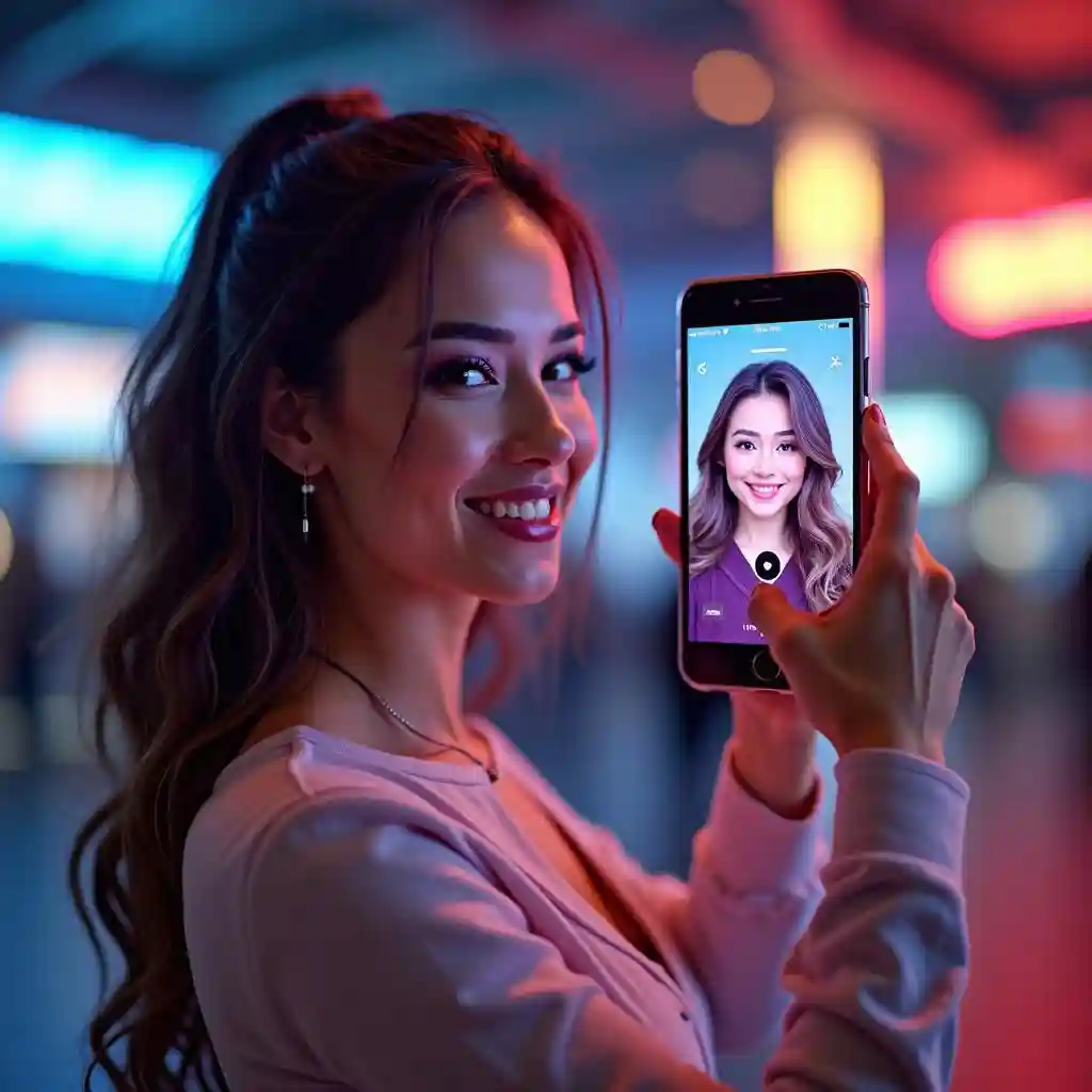 Girl utilise ses smartphones pour prendre des selfies et mélanger parfaitement le visage avec les célébrités.