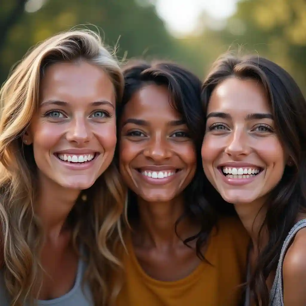 Trois filles avec des sourires sur une photo de groupe.