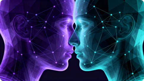 Digitaalinen kuva kolmesta tekoälyllä varustetusta ihmispäästä ja datakaavioista, jotka edustavat tekoälyä ja kasvojentunnistusteknologiaa.