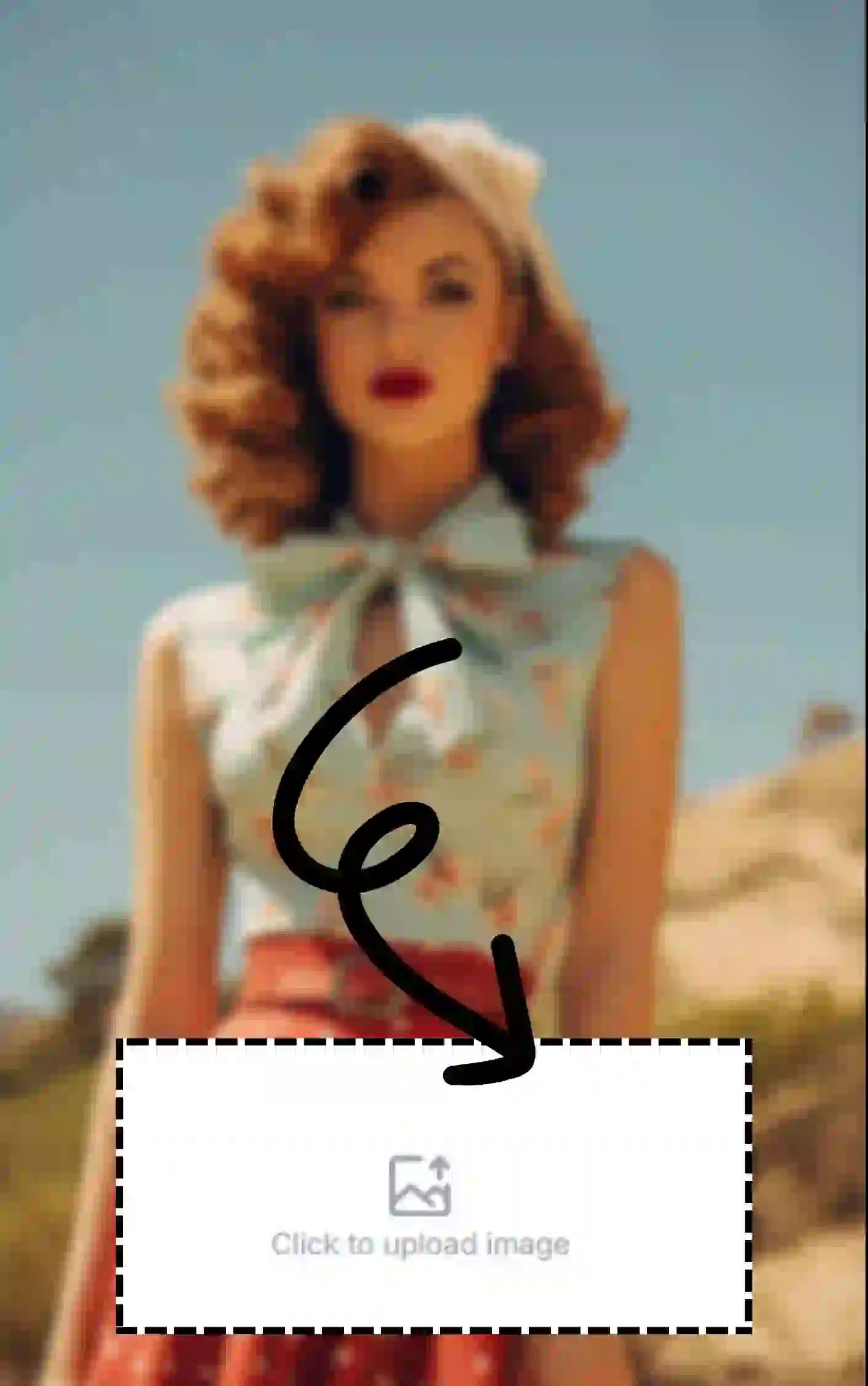 AI Image Enhancer Tutorial Step 1: Upload a blurry photo, here of a retro 1970s blonde woman.