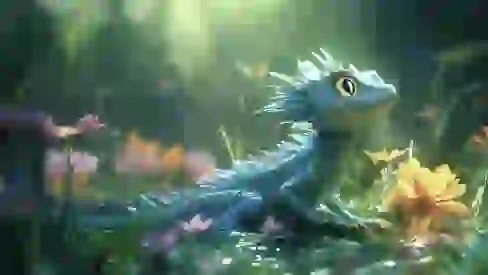 Seekor kadal kecil berwarna biru duduk di padang rumput yang disinari matahari, dipenuhi bunga-bunga merah muda dan kuning.