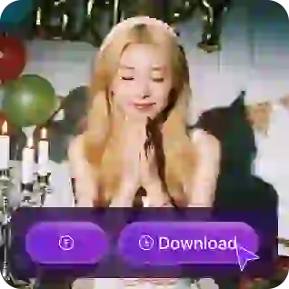 Foto gadis pirang yang sedang membuat permohonan di depan kue ulang tahun dengan stiker yang menunjukkan tombol unduh, digunakan sebagai bahan dalam tutorial penambah gambar pertukaran wajah